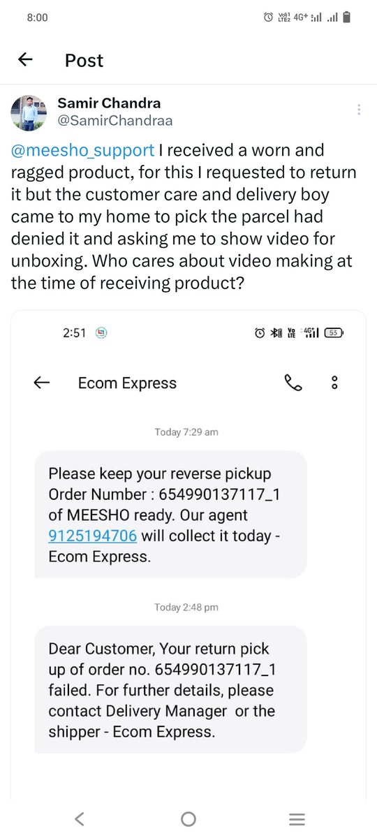 SamirChandraa's tweet photo. Hi @meesho_support , very poor service https://t.co/AB67LsTMKR