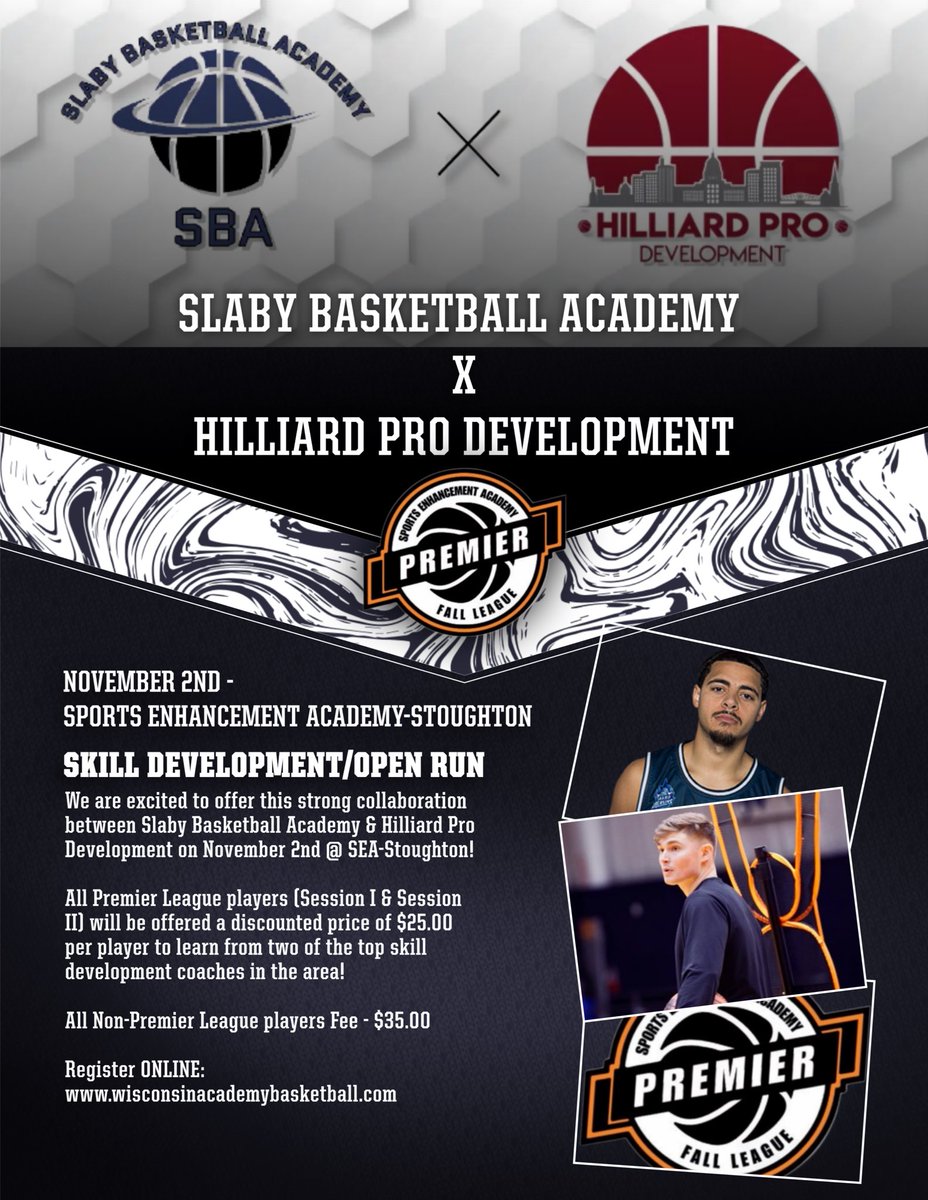 Premier Fall League (@fallpremier) on Twitter photo Premier Skills Workout & Open Run led by <a href="/S_B_Academy1/">Slaby Basketball Academy</a> & <a href="/NimrodHilliard4/">Nimrod Hilliard IV</a> ‼️
November 2nd - 6:30pm-8:00pm
REGISTER - …onsinacademybasketball.leagueapps.com/camps/4072388-…
#BePremier Premier Skills Workout & Open Run led by <a href="/S_B_Academy1/">Slaby Basketball Academy</a> & <a href="/NimrodHilliard4/">Nimrod Hilliard IV</a> ‼️
November 2nd - 6:30pm-8:00pm
REGISTER - …onsinacademybasketball.leagueapps.com/camps/4072388-…
#BePremier
