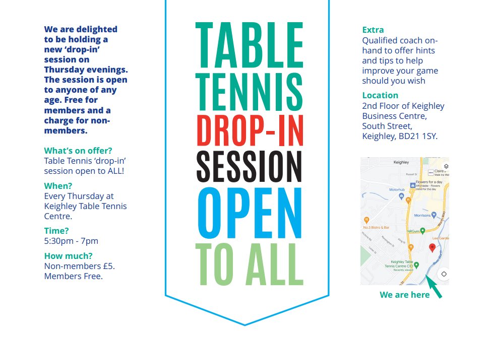 Come along and join in our BRAND NEW Thursday evening drop-in #tabletennis session. We welcome everyone! 5.30-7.00pm every Thursday on the 2nd floor of Keighley Business Centre. £5 for non-members and free to members #getfit #enjoysport