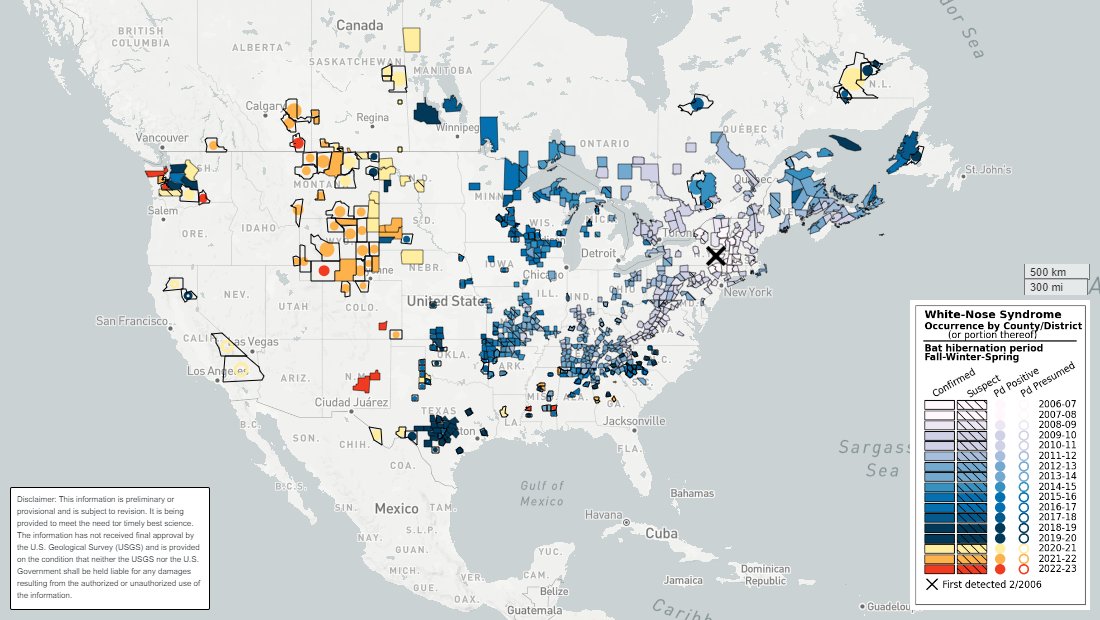 FAQ Where is white-nose syndrome now? Bats with white-nose syndrome have been confirmed in 40 states and eight Canadian provinces: whitenosesyndrome.org/where-is-wns #BatWeek #WhiteNoseSyndrome