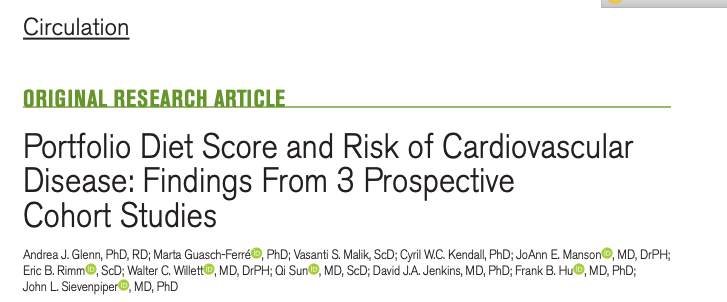 Our new paper is out in <a href="/CircAHA/">Circulation</a> today! 

We examined the portfolio diet with CVD in the NHS I&amp;II and HPFS cohorts. The diet was associated with a 14% lower risk of CVD, CHD, &amp; stroke. 

Paper: ahajournals.org/doi/abs/10.116…

🧵👇