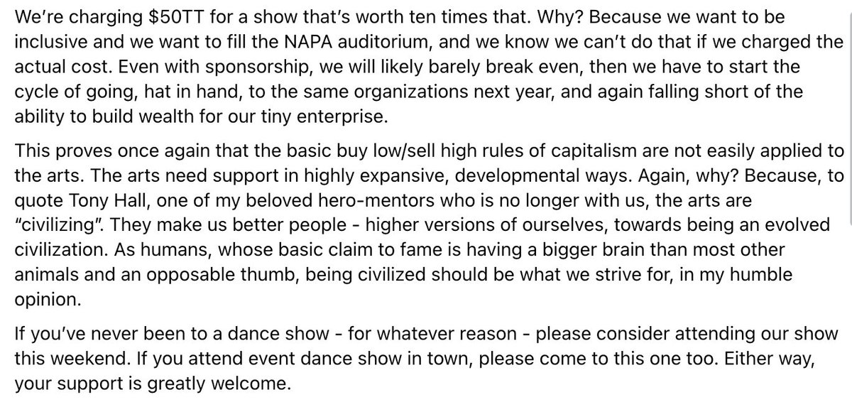 KarenJohnstone's tweet photo. These words by @COCODanceFest co-founder Sonja Dumas hit me hard today.  We all know the benefits the arts bring to our society yet the struggle is real for the Dance Community who year after year literally have to beg for support to mount their seasonal performances, If you've.. https://t.co/f02pMIhtRi