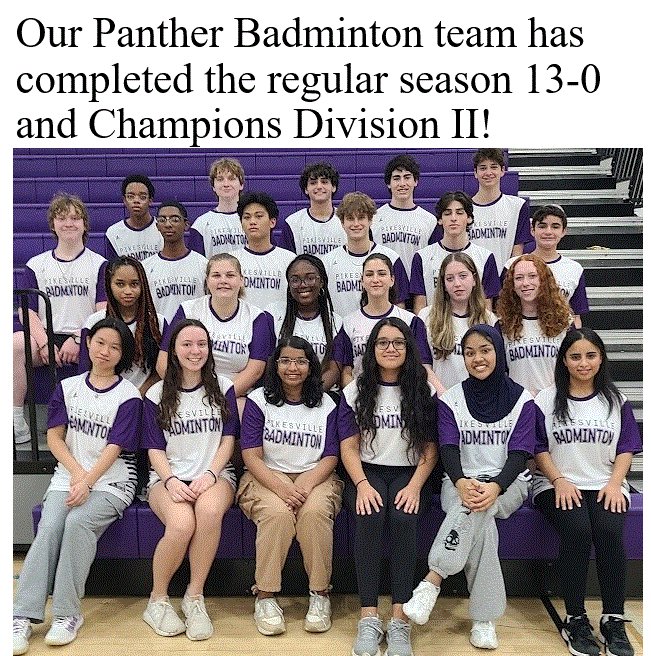 Pikesville HS (@pikesvillehs) on Twitter photo Check out our Panther Badminton Champs! Way to go Panthers! <a href="/BCPSAthletics/">BCPS Athletics</a> <a href="/ericeiswert1/">Eric Eiswert</a> Check out our Panther Badminton Champs! Way to go Panthers! <a href="/BCPSAthletics/">BCPS Athletics</a> <a href="/ericeiswert1/">Eric Eiswert</a>