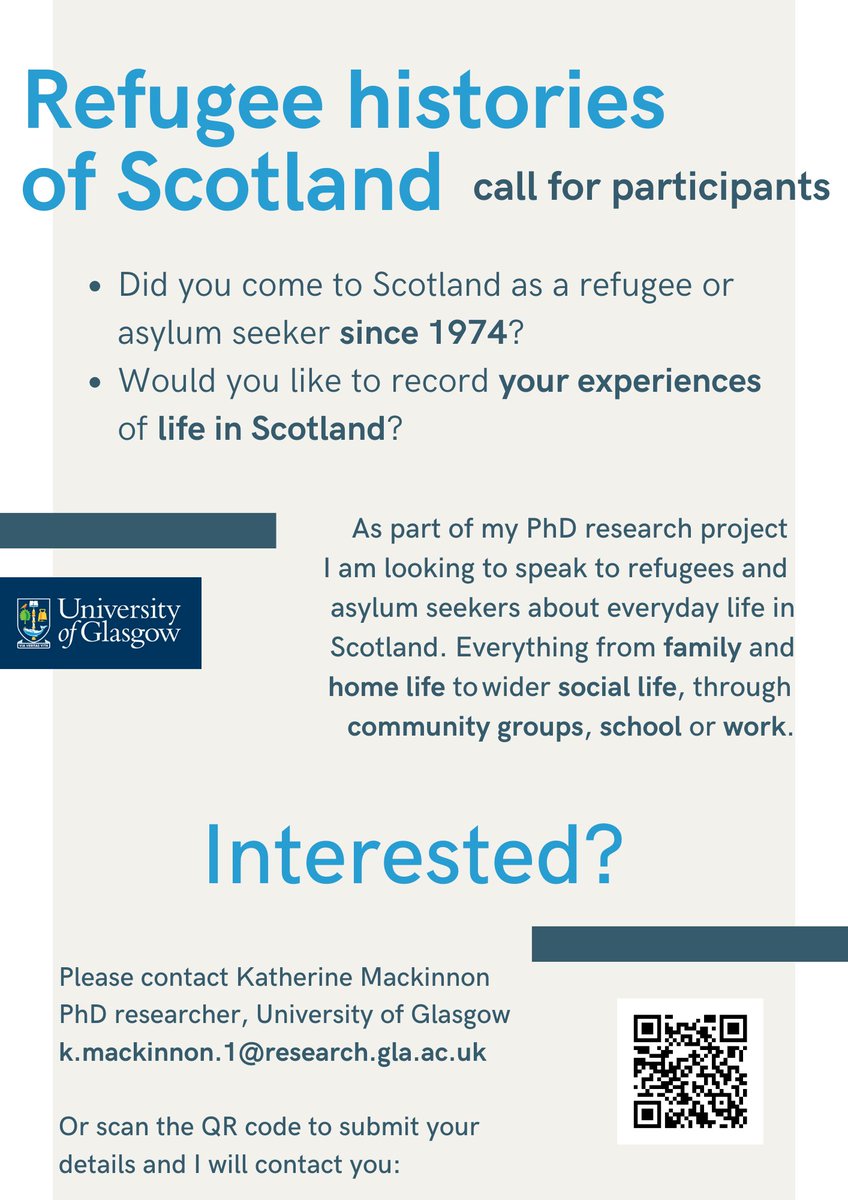 Call for participants: I'm looking to interview refugees and asylum seekers about life in Scotland for my PhD. Refugee lives are part of Scottish history but are not as well-recorded as they could be. Please share with anyone who might be interested ✨