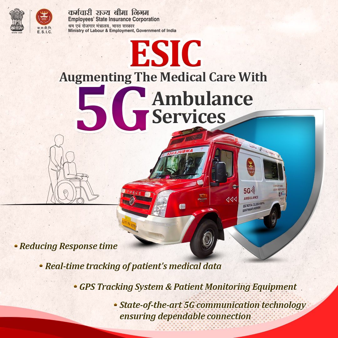 Here arrives the ESIC’s 5G Ambulance Service for the crucial moments of critical needs. 
Providing Vital Healthcare with fully equipped patient monitoring equipment. 
#ESICHQ #ESIC #Ambulanceservice
