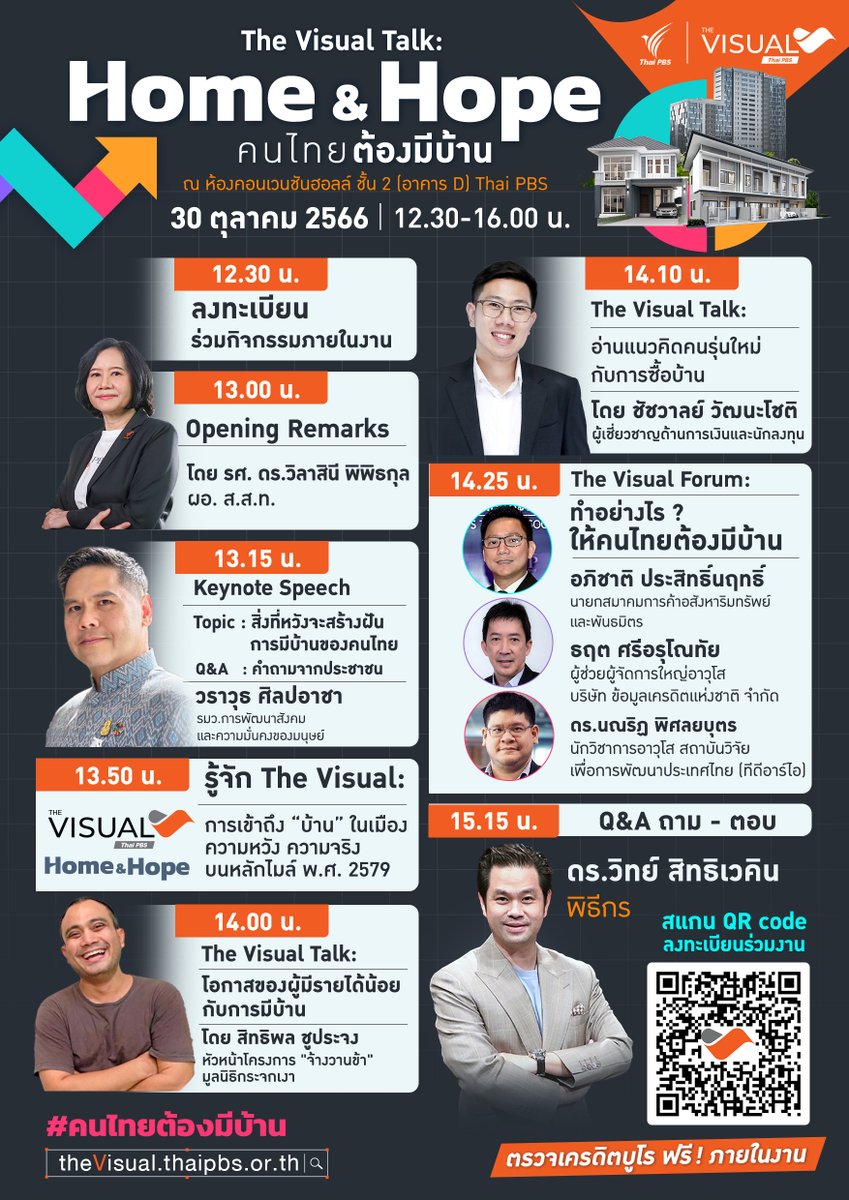 ThaiPBS's tweet photo. 🏠อยากมีบ้านเชิญทางนี้ ....
🔥The Visual Talk Home & Hope #คนไทยต้องมีบ้าน งานทอล์กเจาะลึก จาก Data สู่เวทีพูดคุย เพื่อโอกาสคนไทยมีที่อยู่อาศัยเป็นของตัวเอง ลงทะเบียนฟังฟรี
ลงทะเบียนฟังฟรี คลิก ➡ https://t.co/tfk0AII92e (มีจำนวนจำกัด)
🤵 Keynote Speech โดย วราวุธ ศิลปอาชา รมว.การพัฒนาสังคมและความมั่นคงของมนุษย์
หัวข้อ "สิ่งที่หวังจะสร้างฝัน การมีบ้านของคนไทย"
พิเศษสุด กับการตอบคำถามแบบสด ๆ จากผู้ชมทั้งออนไลน์และออฟไลน์
📍 วันจันทร์ ที่ 30 ตุลาคม 2566 | 12.30-16.00 น.
ณ คอนเวนชันฮอลล์ ชั้น 2 อาคาร D #ThaiPBS
พร้อมผู้เชี่ยวชาญด้านที่อยู่อาศัยรวมถึงภาคประชาสังคมที่จะมาสะท้อนปัญหาและหาทางออก
📍 โอกาสของผู้มีรายได้น้อยกับการมีบ้าน
• สิทธิพล ชูประจง หัวหน้าโครงการ "จ้างวานข้า" มูลนิธิกระจกเงา
📍 แนวคิดคนรุ่นใหม่กับการซื้อบ้าน
• ชัชวาลย์ วัฒนะโชติ ผู้เชี่ยวชาญด้านการเงินและนักลงทุน
📍 ทำอย่างไรให้คนไทยต้องมีบ้าน
• อภิชาติ ประสิทธิ์นฤทธิ์ นายกสมาคมการค้าอสังหาริมทรัพย์และพันธมิตร
• ดร.นณริฏ พิศลยบุตร นักวิชาการอาวุโส สถาบันวิจัยเพื่อการพัฒนาประเทศไทย (TDRI)
• ธฤต ศรีอรุโณทัย ผู้ช่วยผู้จัดการใหญ่อาวุโส บริษัท ข้อมูลเครดิตแห่งชาติ จํากัด (เครดิตบูโร)
🔥 ฟรี...ตรวจเครดิตบูโร เฉพาะผู้ร่วมงาน
รับชม : Home & Hope การเข้าถึง “บ้าน” ในเมือง ความหวัง ความจริง บนหลักไมล์ พ.ศ. 2579 ในรูปแบบ Data Visualization ได้ที่ https://t.co/8cDmw68KQK
💻 ชมสดทางออนไลน์
• Website : https://t.co/Cjk64fWk8O
• Facebook : https://t.co/5ODHyOvCNv
• YouTube : https://t.co/kENLTs11Xe
• TikTok : https://t.co/NtdSy82zzq