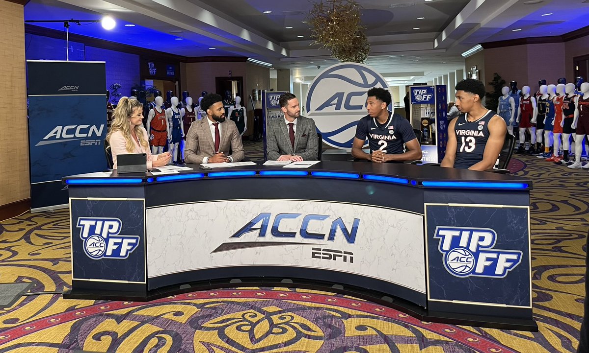Another busy day of coverage at #ACCTipoff. @UVAMensHoops standouts @reece_beekman and @Almighty_ry3 are on set with our @accnetwork crew.