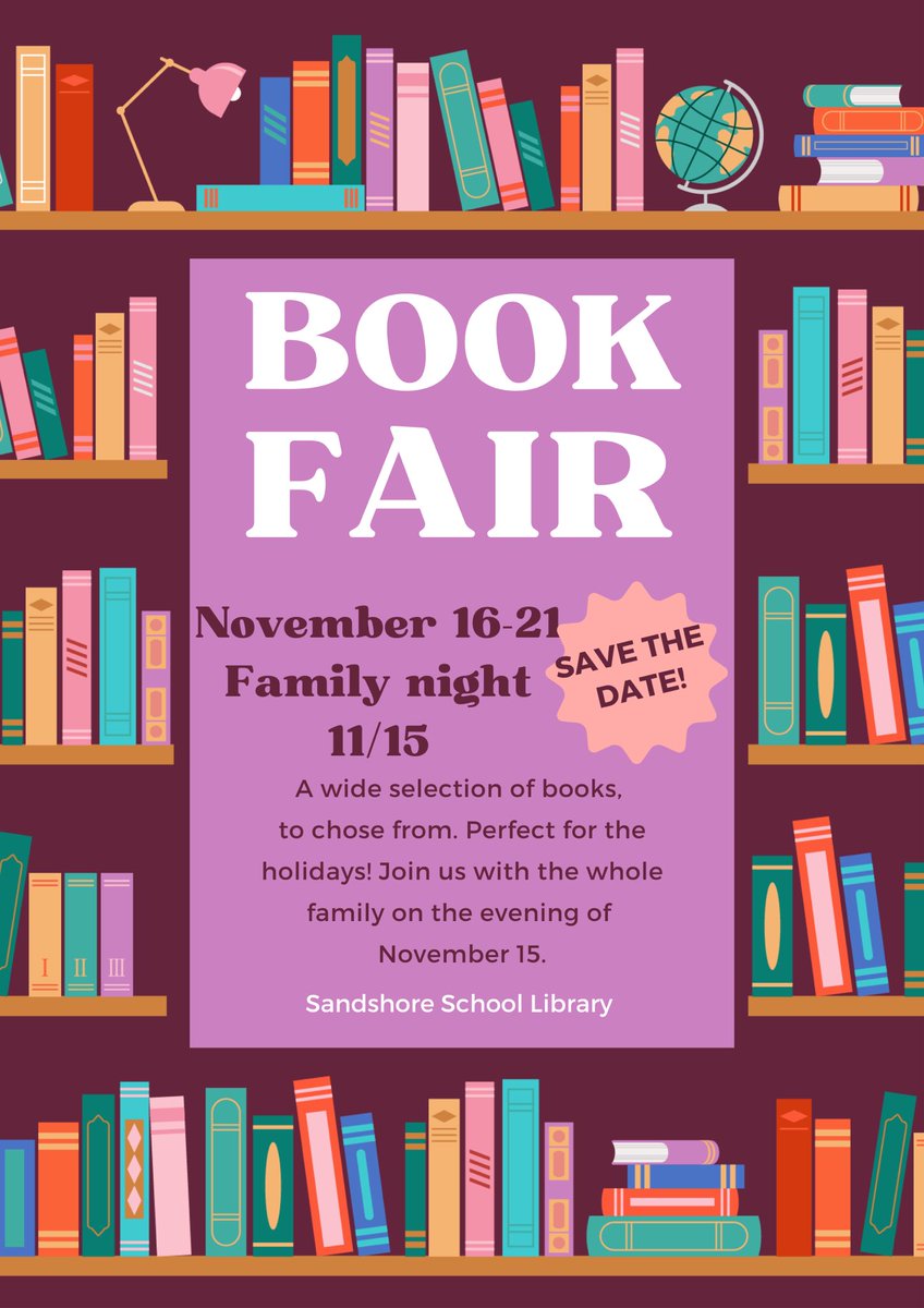 Save the Date! The book Fair is coming to Sandshore School! Sign up with the link to volunteer!

signupgenius.com/go/30E0844AEAA…