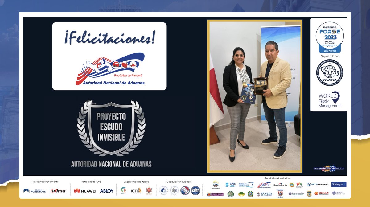 COLADCA's tweet photo. ⚓ #FORSE2023 Agenda académica #Barranquilla Agradecimiento especial a la Licenciada @tayrabarsallo Directora General en Autoridad Nacional de Aduanas de Panamá 🇵🇦 Destacada ponencia con "Caso de éxito" a través del "Proyecto Escudo Invisible"
#DejandoHuella en Seguridad https://t.co/viYQOVbSgG