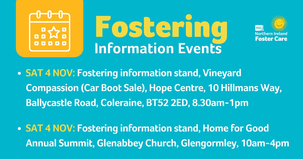 Pop by one of our #fostering info stands this week for a friendly chat. 🔷SAT 4 NOV: Vineyard Compassion (Car Boot Sale), Hope Centre, Ballycastle Rd, Coleraine, 8.30am-1pm 🔷SAT 4 NOV: Home for Good Annual Summit, Glenabbey Church, Glengormley, 10am-4pm #CouldYouFoster