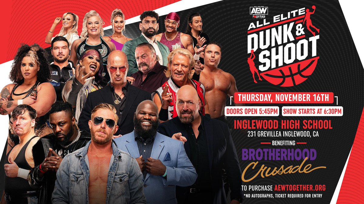 AEWTogether's tweet photo. Ahead of #AEWFullGear at Kia Forum, AEW TOGETHER presents “AEW Together’s All Elite Dunk & Shoot” Thursday Night, November 16th in Inglewood, CA! Our incredible @AEW talent line-up challenges YOU to fun basketball competitions to benefit @BCrusade, a 50-year-old grassroots organization meeting the unmet needs of low-income, underserved, under-represented, and disenfranchised individuals.

Grab your tickets NOW at https://t.co/QbndEE3uA3 ❤️