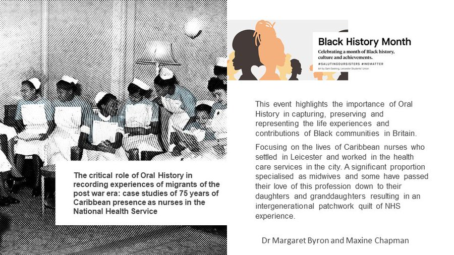 Join Dr Margaret Byron and Maxine Chapman this Thursday 26 Oct at 5PM, as they explore the lives of Caribbean nurses who settled in Leicester and worked in the health care services in the city. 🔗forms.office.com/Pages/Response… #BlackHistoryMonth #SalutingOurSisters #WEMATTER