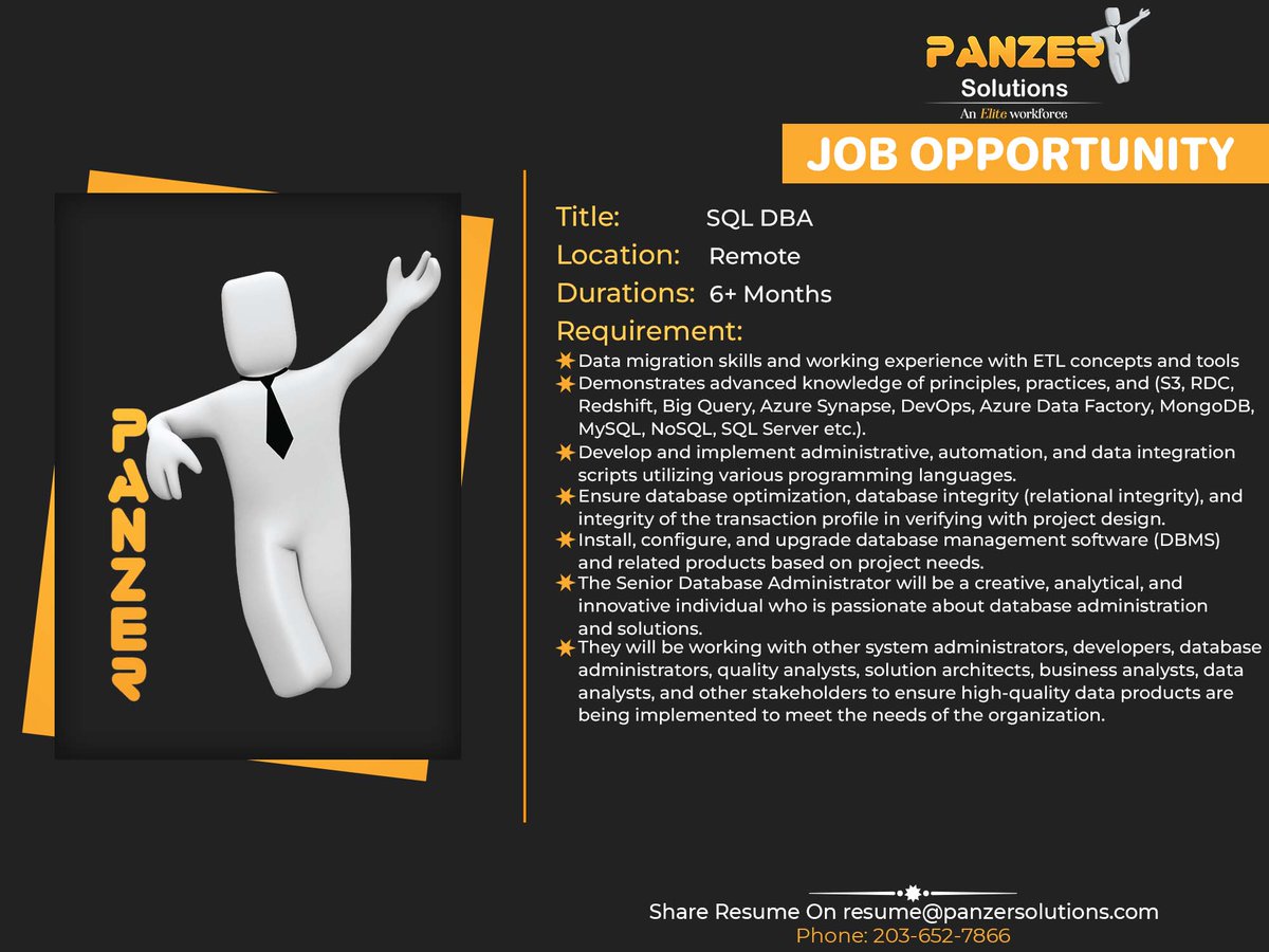 panzersolution's tweet image. Job Title: SQL DBA
Location: Remote
Duration: 6+ Months
Share resumes at resume@panzersolutions.com
Or for more job requirements, click on the below link
Click Here: panzersolutions.com/jobopportunuti…
#PanzerSolutions #sqldba #jobs #jobsearch #jobseekers