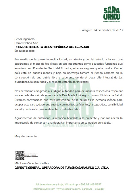 Michell01842886's tweet photo. La operadora de turismo Saraurku apoya al presidente electo @DanielNoboaOk https://t.co/tWAeo5mkcw