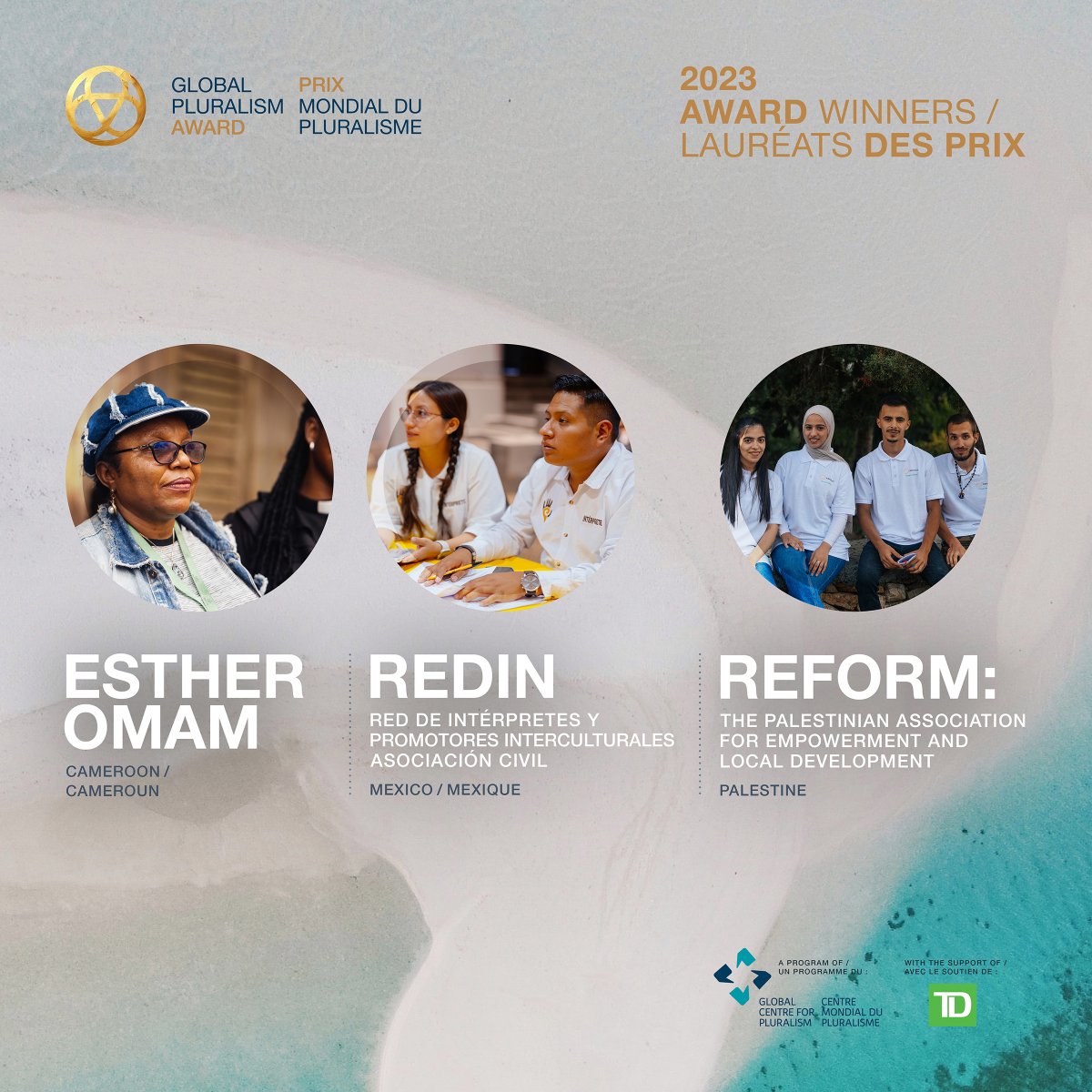 The Centre is delighted to present the 3 outstanding winners of the 2023 #GlobalPluralismAward! 🏆

🎉Congratulations to:
- Esther Omam <a href="/Reachoutreo/">Omam  Esther</a>
- Red de Intérpretes y Promotores Interculturales <a href="/Redinterpretes/">Intérpretes y Promotores Interculturales Oaxaca</a>
- REFORM: The Palestinian Association for Empowerment <a href="/reform_ps/">REFORM Association</a>