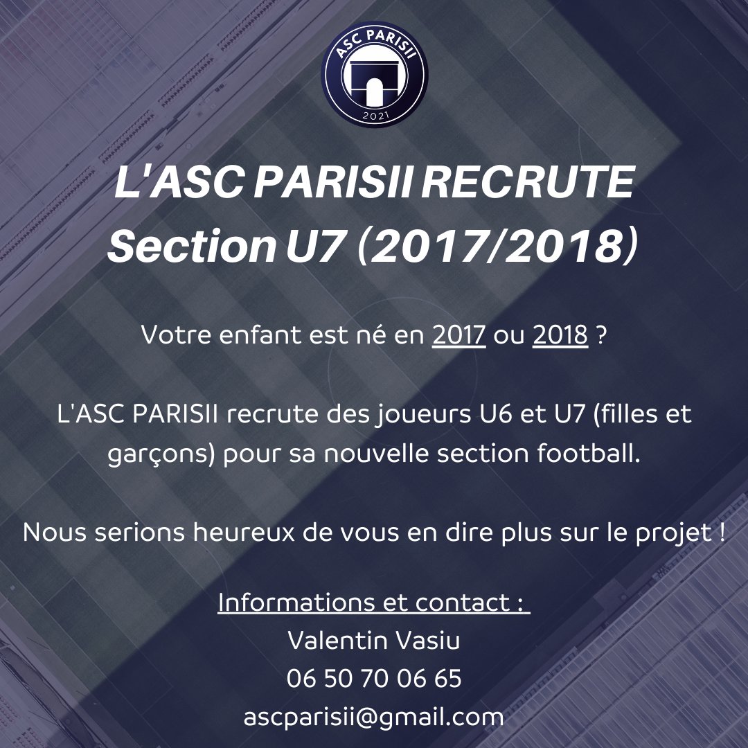 Votre enfant est né en 2017 ou 2018 et souhaite jouer au football, nous recrutons des joueurs pour notre équipe U7. Clôture des inscriptions cette semaine #Paris17