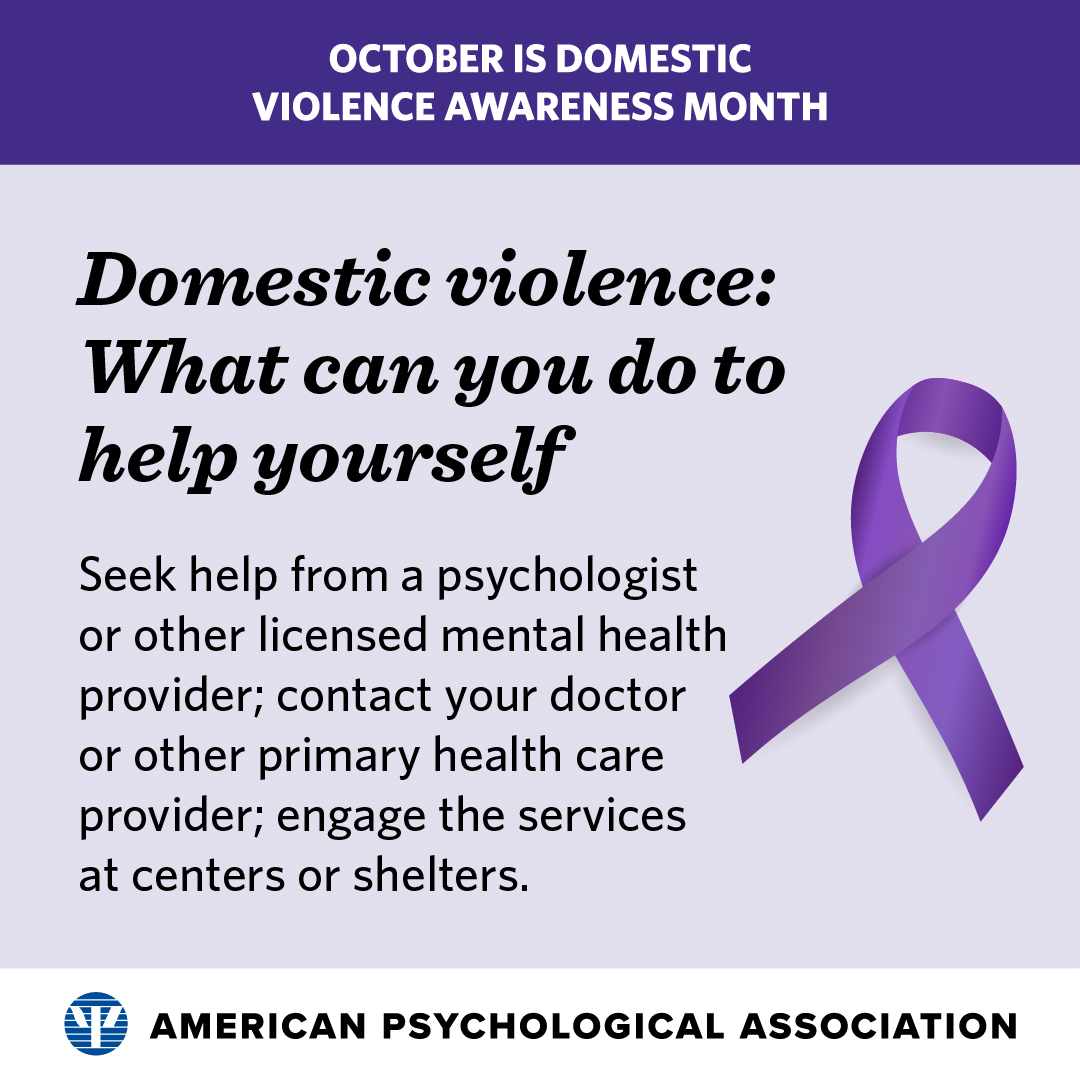 Intimate partner violence occurs across age, ethnic, gender, and economic lines, among persons with disabilities, and among both heterosexual and same-sex couples. #DomesticViolenceAwarenessMonth

Learn about the risks and how to protect yourself: at.apa.org/sog