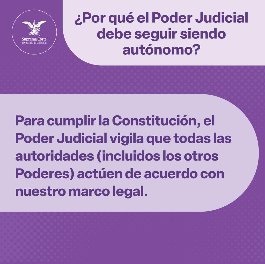 SCJN's tweet photo. Un #PJF autónomo garantiza el respeto a los derechos de todas las personas y que todas las autoridades, incluidos los otros Poderes, actúen de acuerdo con #LaConstitución 

#LaCorteContigo 
#SaberEsTuDerecho https://t.co/qrzA2J6fGa