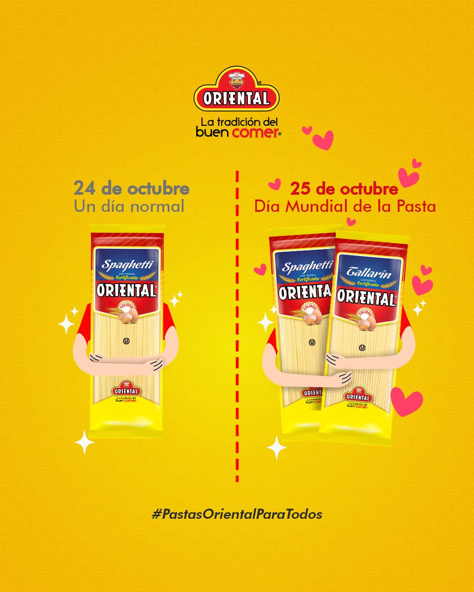 OrientalOIA's tweet photo. Porque todo en la vida es mejor con pastas Oriental®.
¿Coméntanos cuál es tu receta favorita con Pasta Larga?
#DíaMundialDeLaPasta #25Octubre
#SpaguettiOriental #TallarínOriental https://t.co/HSqoBiX59J