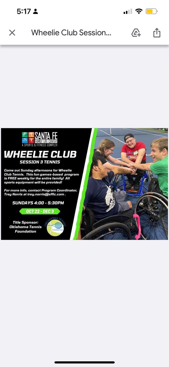 ok10sfoundation's tweet photo. We’re so honored to be the Title Sponsor for Santa Fe Family Life Center Wheelie Club!!
Classes are every Sunday thru December 3rd from 4-5:30 and they are FREE!! Reach out to Trey Norris at trey.norris@sffic.com to register!!
#WeStartWithLove #wheelietennis #adaptiveathlete https://t.co/6SJ6yZhJJE