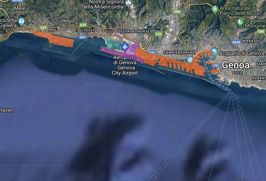 PhilLawton's tweet photo. David Mcwilliams says: "“Cities across the world, like Barcelona, Bremen, Copenhagen, Amsterdam, Oslo, Bilbao, Buenos Aires and Genoa, have redeveloped or relocated their traditional ports”. 🧵: Genoa, Barca, Buenos Aires have port &amp; related functions (orange) &amp; airport (purple) https://t.co/JaSd7ij9CS