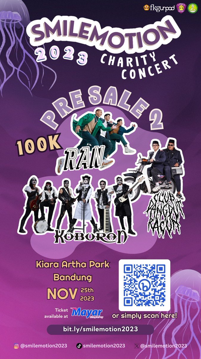 Your presence makes a difference. 🙇🏻‍♂️

Smilemotion's Presale 2 is already out, Go grab your own ticket⁉️🧚‍♀️

Ran, Kuburan, and CDR are waiting for you guys at Kiara Artha Park 😆🕊️
Tickets available at Mayar :
bit.ly/smilemotion2023