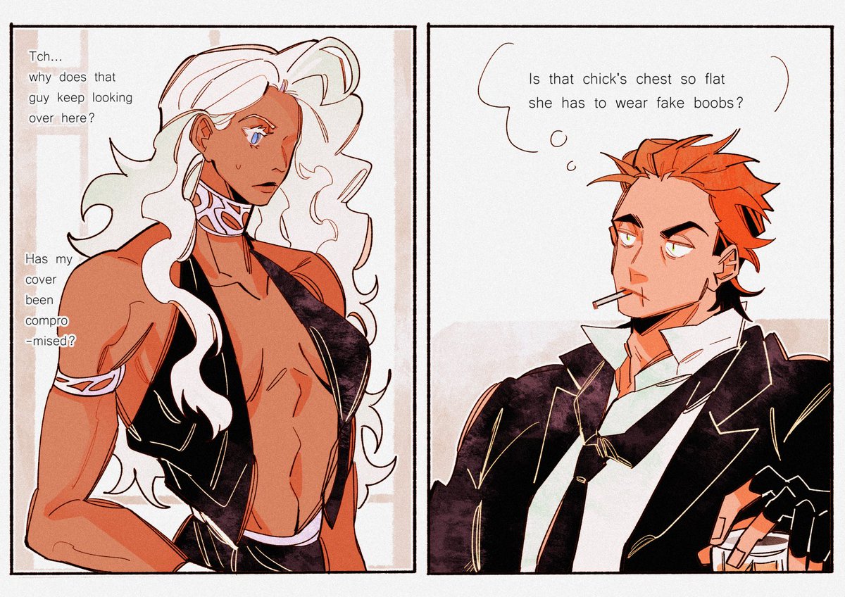 (first meeting on earth. they are in their mid-20s) Flatwell who was in disguise for a mission, O'Keeffe who could tell those tits are a lie yet somehow never suspect for one second that's just some guy 🤷‍♂️