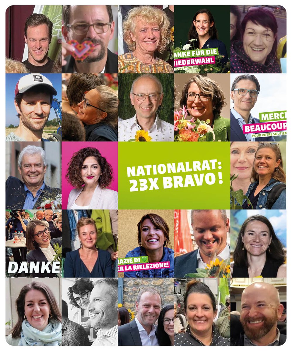 Das ist die GRÜNE Fraktion, die in den nächsten 4 Jahren für einen konsequenten Klimaschutz und eine Gesellschaft frei von Diskriminierung kämpfen wird. ✊🌍 

Wir gratulieren unseren 23 wiedergewählten Nationalrätinnen und 3 wiedergewählten Ständerätinnen von ganzem Herzen! 💚