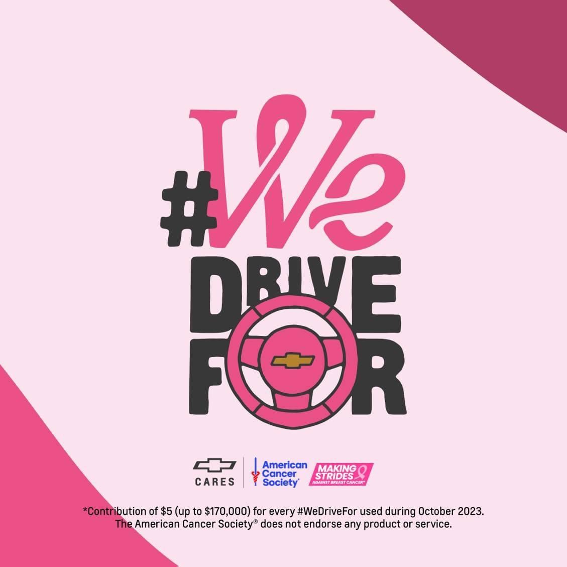 #WeDriveFor ending #breastcancer as we know it. With one tap, everyone can help! This October, share or reshare a post with #WeDriveFor and #Chevy will contribute $5 (up to $170,000) to <a href="/AmericanCancer/">American Cancer Society</a>.