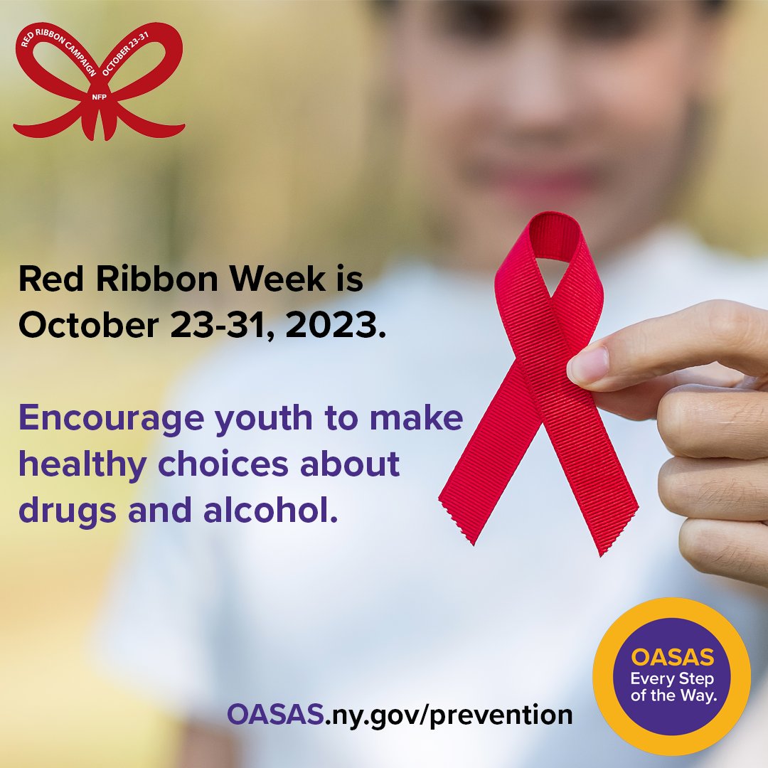 It's #redribbonweek. You can make a difference in the life of a young person. Encourage youth to make healthy choices about drugs & alcohol. Learn more about prevention at: oasas.ny.gov/prevention