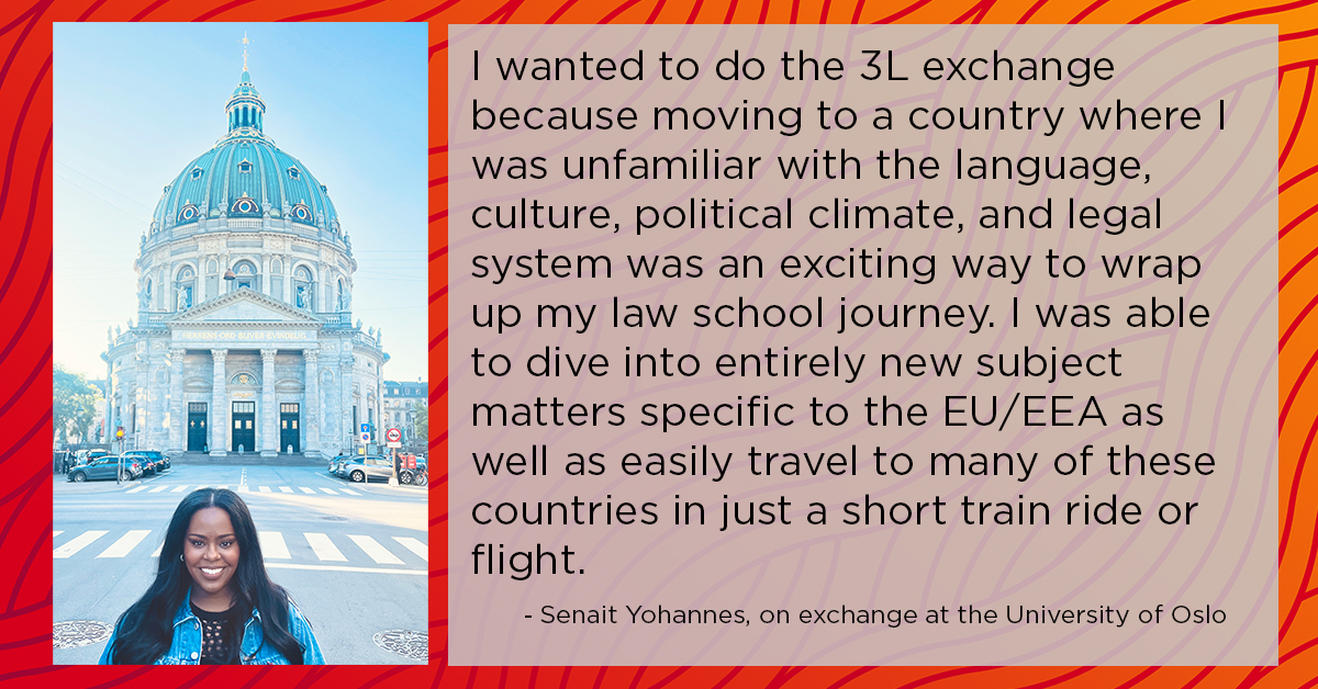 UCalgaryLaw's tweet photo. Why UCalgary Law? Third-year students have the opportunity to study abroad at a number of universities around the globe! Third-year student Senait Yohannes is currently studying at @unioslo! Learn more about UCalgary Law and apply by December 1: https://t.co/47mFSLFnx5 https://t.co/CKG9elgkSD