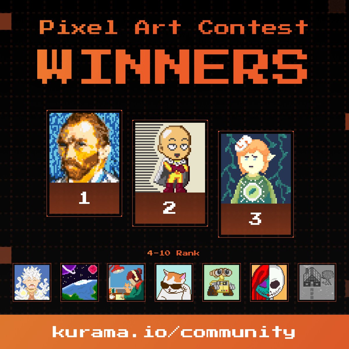 Pixel Art Contest has reached its conclusion, and it has been an extraordinary experience brimming with creativity and excitement. Congratulations to @lucvasc_nft @0xShinjibtc @cannch1ef for their well-deserved victory. Congratulations to the members who secured positions 4 to…