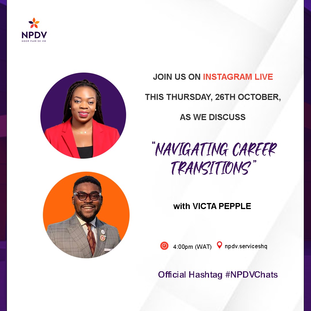 npdv_serviceshq's tweet photo. Join us this Thursday, 26th October at 4 PM for a discussion that will change the way you think about career transitions!

Set your alarms because you won't want to miss this one!

#NPDVchats #Transitions #NPDVConsulting #NavigatingYourPath #explore #StayTuned #instagramlive https://t.co/RF5Fs5rVdm