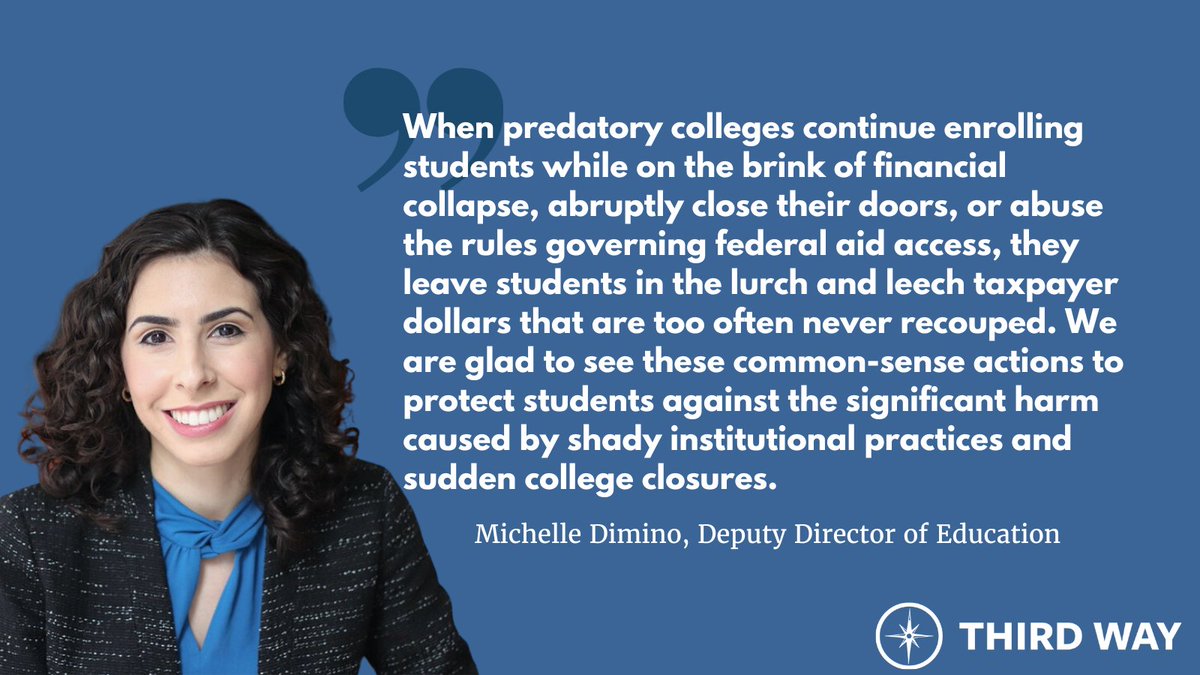 Third Way Education (@thirdwayedu) on Twitter photo Yesterday, <a href="/usedgov/">U.S. Department of Education</a> introduced regulations to increase oversight of high-risk institutions.
We applaud these common-sense measures to protect students and taxpayers. Read our full statement: thirdway.org/press/statemen… Yesterday, <a href="/usedgov/">U.S. Department of Education</a> introduced regulations to increase oversight of high-risk institutions.
We applaud these common-sense measures to protect students and taxpayers. Read our full statement: thirdway.org/press/statemen…