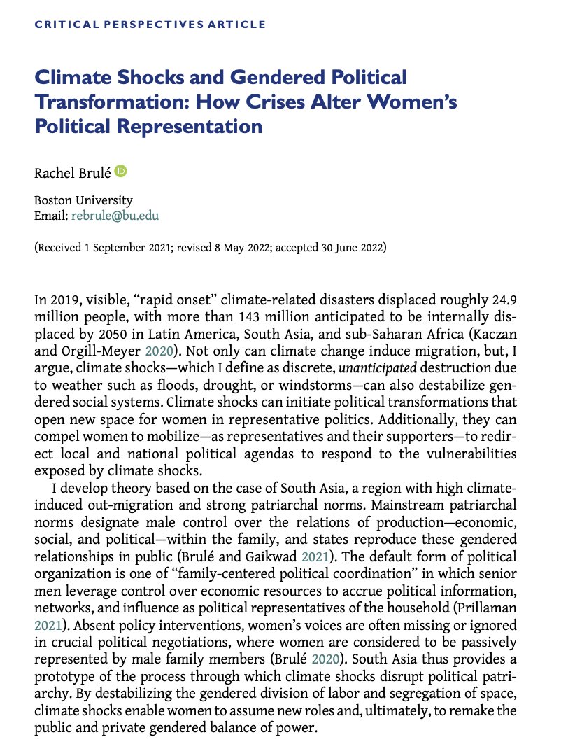 📢New #PAG19 Critical Perspectives📢 <a href="/BruleRachel/">Rachel E. Brule</a> in 'Climate Shocks and Gendered Political Transformation' looks to South Asia to argue that 'climate shocks' are gendered and open new opportunities women's representation in politics cambridge.org/core/journals/…