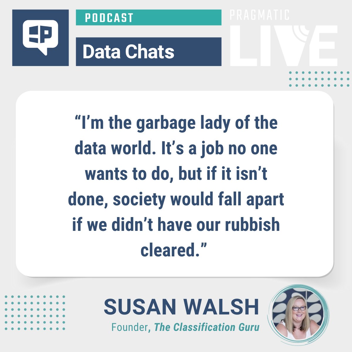 PragInstData's tweet image. 📊 Get ready for an awesome episode of Data Chats as we dive into the world of data with Susan Walsh, founder The Classification Guru! 

Susan is an industry thought leader, TEDx speaker, and author.

Listen here 🎙️ loom.ly/Ljocm1g