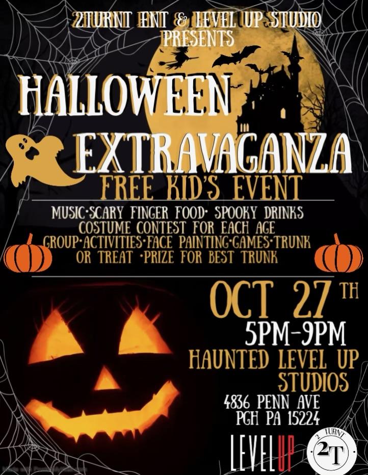 Halloween Extravaganza 'A Free Childrens Halloween Event.' Fun and activities for all ages.  Come out 10/27 5-9pm haunted Level Up Studio! and Happy Halloween!
#childrensevent #childrensevents #pittsburghkids #pittsburghkidsparty #pittsburghkidsactivities