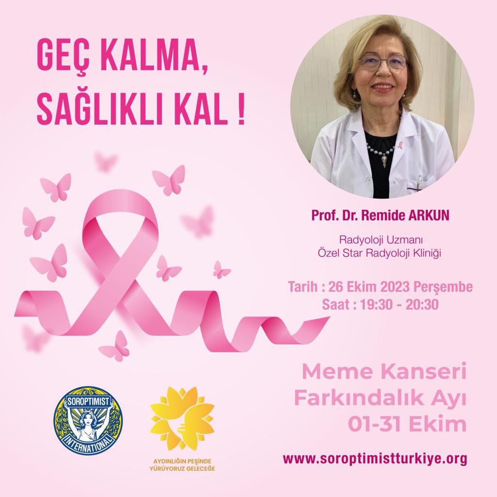 Meme kanseri farkındalık ayında; kadın sağlığına dikkat çekmek, farkındalık yaratmak ve erken teşhisin önemini vurgulamak için 2006 - 2008 TSKF Geçmiş Dönem Başkanımız Prof. Dr. Remide Arkun‘u  Zoom toplantısında ağırlayacağız.  

Herkesi etkinliğimize bekliyoruz.