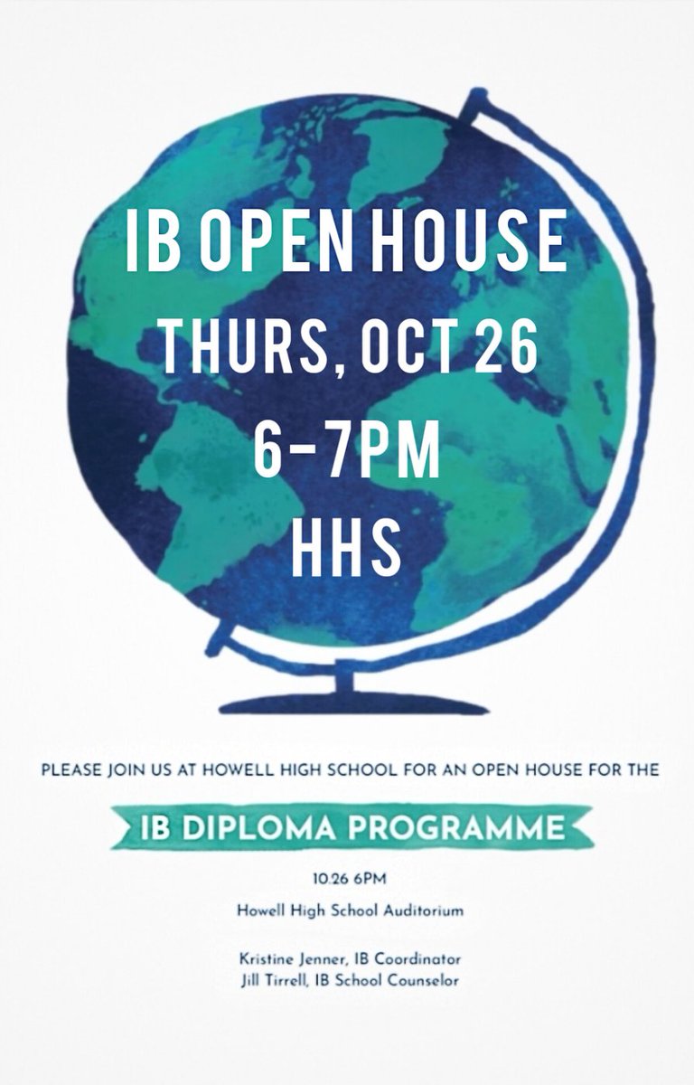 Interested in the International Baccalaureate Diploma Programme at Howell High School?! Join us at our #OpenHouse this #Thursday Oct 26 at 6PM! <a href="/BravermanHHS/">Jeremy Braverman-Howell HS Principal</a> <a href="/MsJenner/">Kristine Jenner</a> <a href="/IB_DP/">IB Diploma Programme</a> <a href="/iborganization/">International Baccalaureate</a> <a href="/Howell_Guidance/">Howell HS Guidance</a> #ibprogram #Internationalbaccalaureate