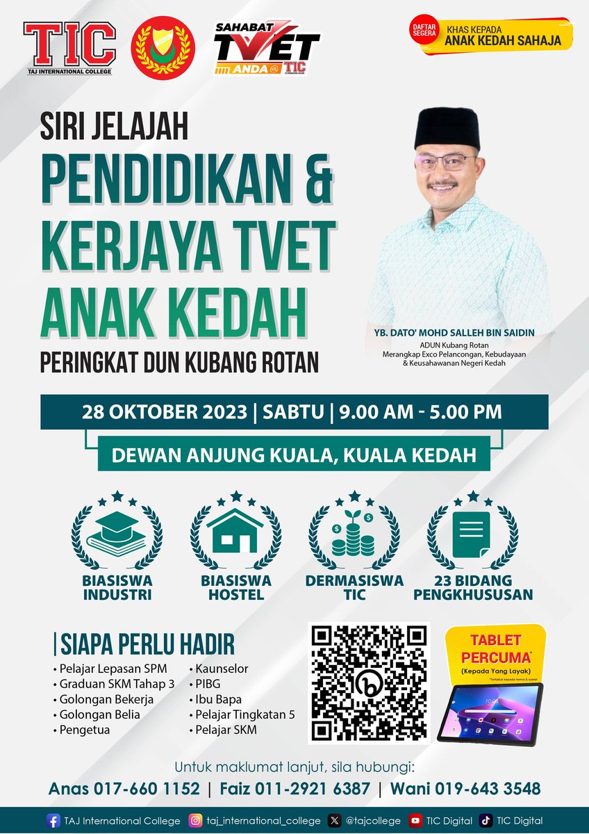 tajcollege's tweet photo. KENAPA ANDA KENA SERTAI?
📌 Program ini adalah PERCUMA.
📌 YB akan menaja yuran pendaftaran.
📌 Biasiswa hostel selama 2 tahun.
📌 Bantuan Ikhtiar diberikan.
📌 Dan yang lagi menarik TABLET PERCUMA kepada yang layak (mengikut terma dan syarat).
📌 Makan dan minum disediakan. https://t.co/hRuJxjU1II