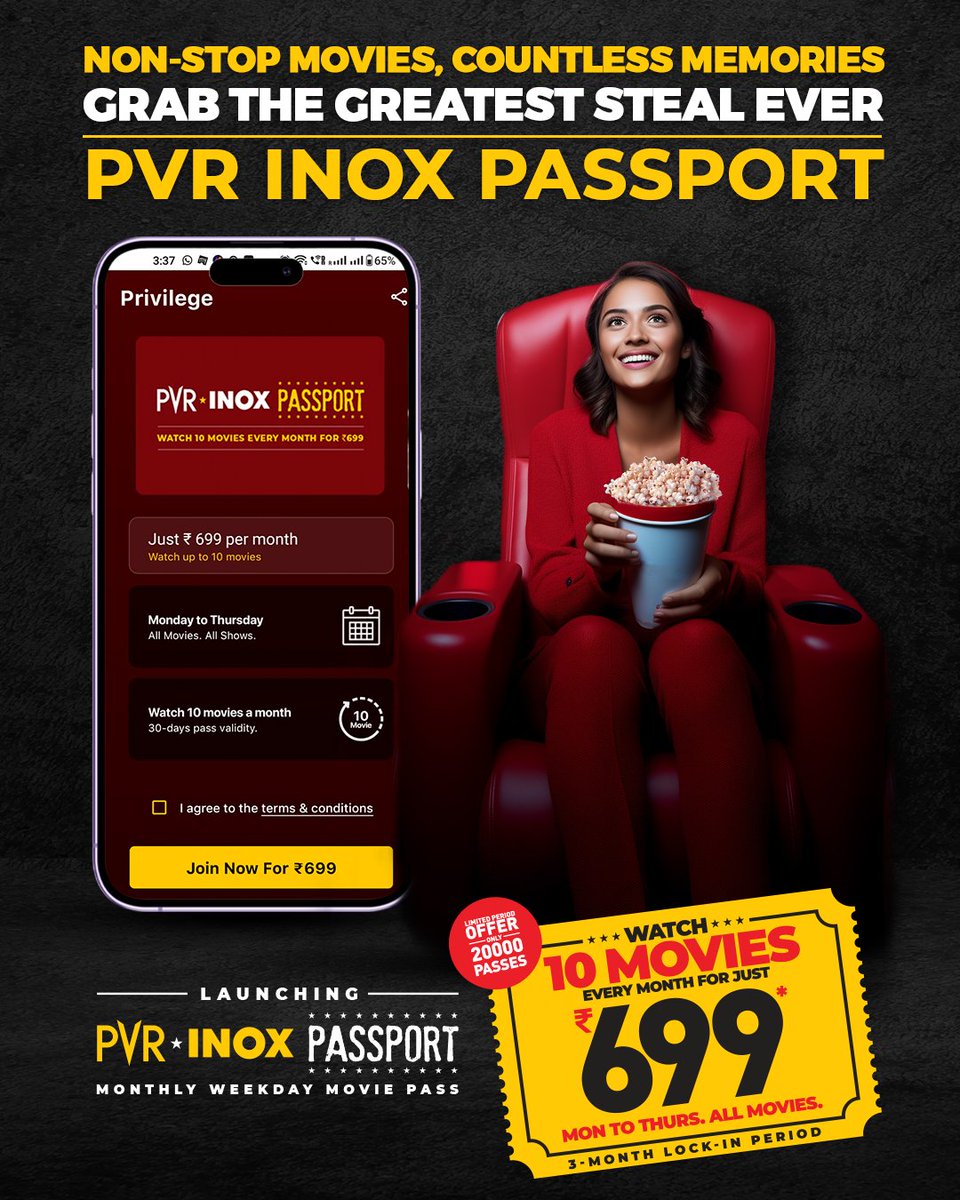 _PVRCinemas's tweet photo. It’s time to upgrade your entertainment game with the PVR INOX Passport! ✨🎥
Enjoy 10 movies a month at a minimal price of just ₹699.
Don’t miss out! Subscribe to #PVRINOXPassport now: https://t.co/CSqzLlzyTk
#10MoviesAt699 #Offer #BlockbusterOffer #Discount #Deal #Passport https://t.co/qlE3T9F2kx