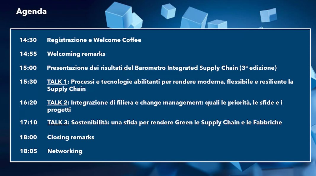 Net_Cube's tweet photo. #BISC3: evento 2023!
📌 Presentazione dei risultati della 3ª edizione del Barometro #IntegrateSupplyChain a cura di @annadiruscio @VittorioArighi e @alepinza.
👉 Ora spazio alle 3 #TavoleRotonde!
@EngineeringSpa @SoprasteriaIT @Wonderware @assologistica @GS1italy
#SupplyChain https://t.co/Sj8wd2Z3jx