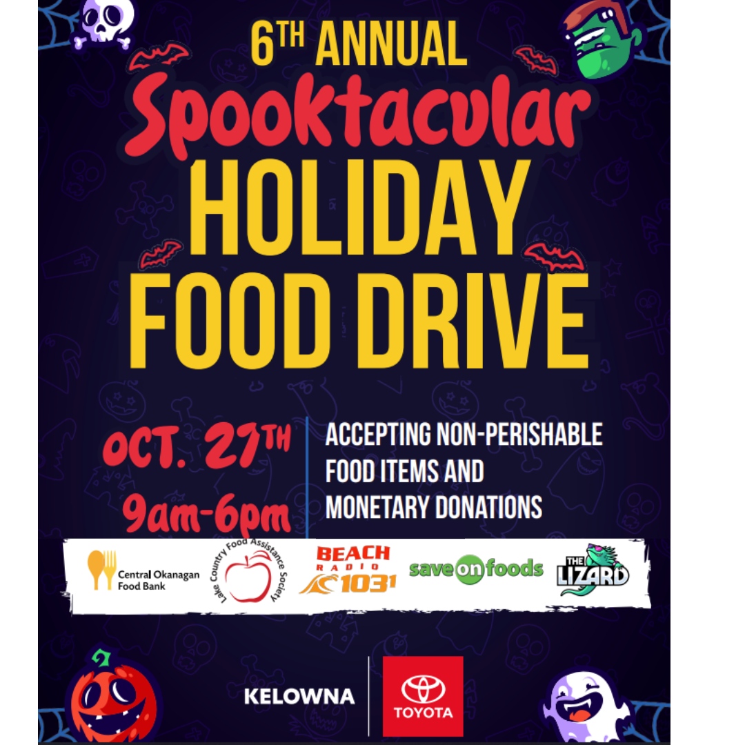 Join us this Friday at Orchard Plaza and West Kelowna Save On Foods for a SPOOKTACULAR good time. 

#fooddrive #okanagan #kelowna #westkelowna #saveonfood #toyota