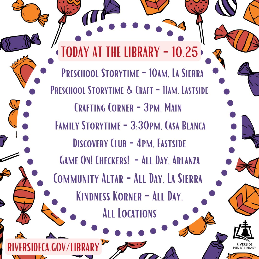 RivLibrary's tweet image. Join us today for some sweet in-person events! 😎📚

#RiversidePublicLibrary #RivLibrary #RiversideCA