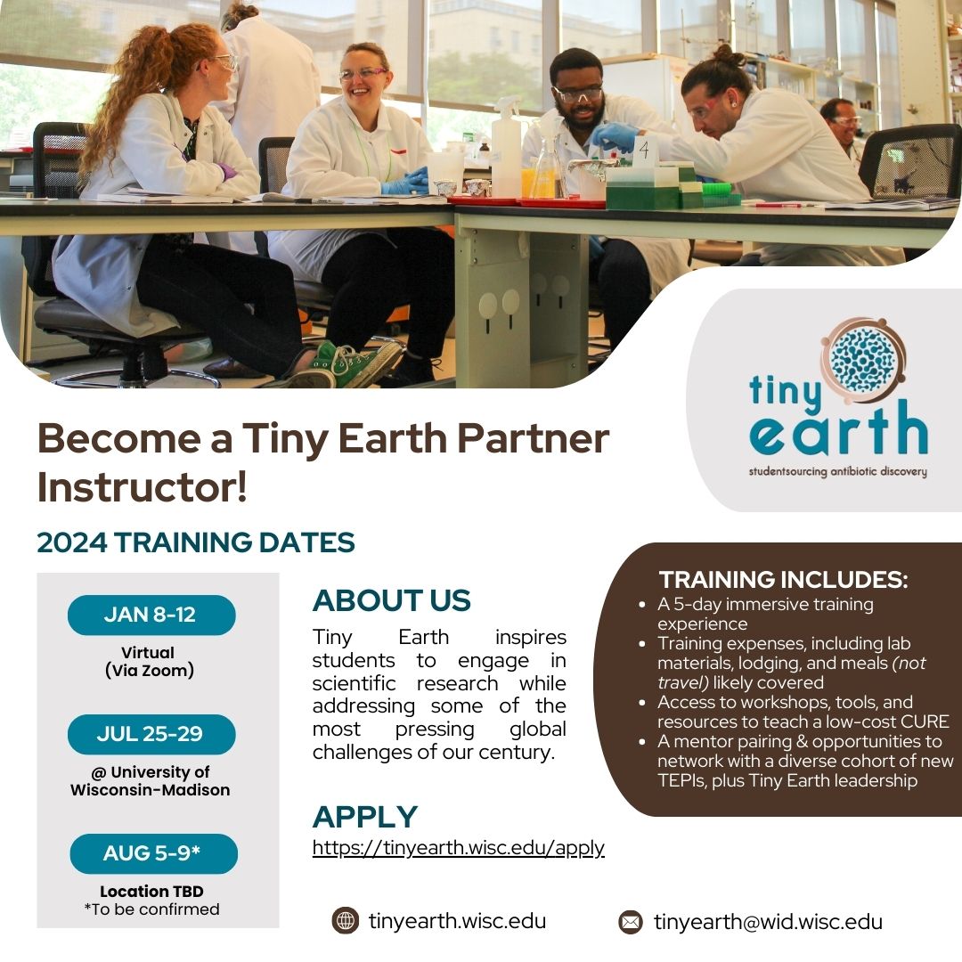 Join us for our next virtual TEPI training between January 8th-12th! The application deadline has been extended to December 1st. You can learn more about how to apply on our website, tinyearth.wisc.edu/tiny-earth-par… We hope to see you there! #TinyEarth #AntibioticResearch