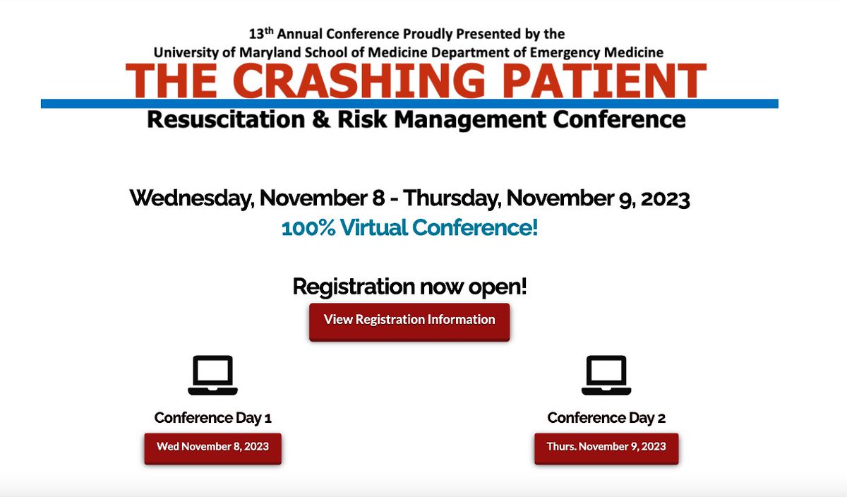 2 more weeks before UMEM's 13th Annual "The Crashing Patient: Risk Management and Resuscitation" conference... &gt; 30 18-min talks purely focused on high risk EM and acute care. All virtual...www.TheCrashingPatient.com to register