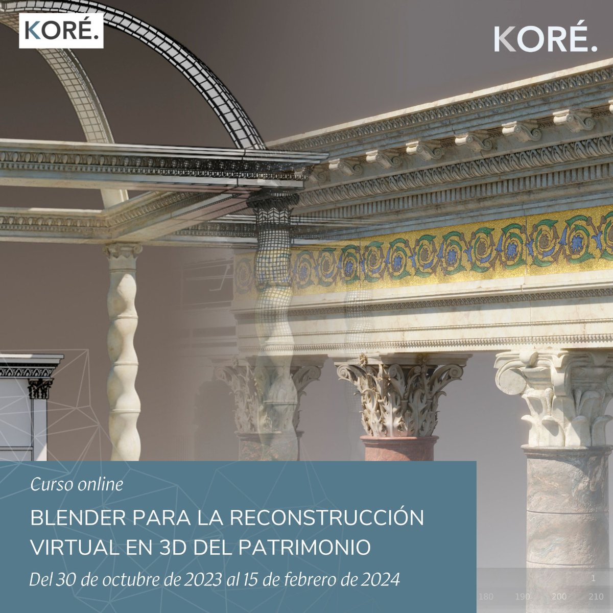 Aprende a llevar a cabo reconstrucciones virtuales de forma modular, optimizada y fotorrealista con nuestro próximo curso online de #Blender. Podéis saber más sobre él desde aquí: koreformacion.com/curso/curso-de… #elearning #virtual #3D #reconstrucciónvirtual #arqueología #patrimonio