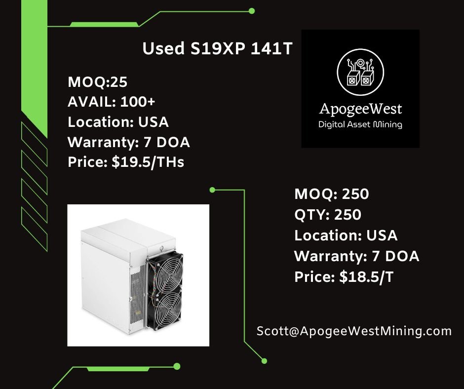 Apogee has Antminer S19XP's! Possibly last chance to secure at these prices as current deals are rapidly selling and being replaced with higher priced units correlating BTC's continued climb. 7 DOA, 25 MOQ: $19.5/T &amp; 250 MOQ: $18.5/T. Located in the USA and ready to ship now!