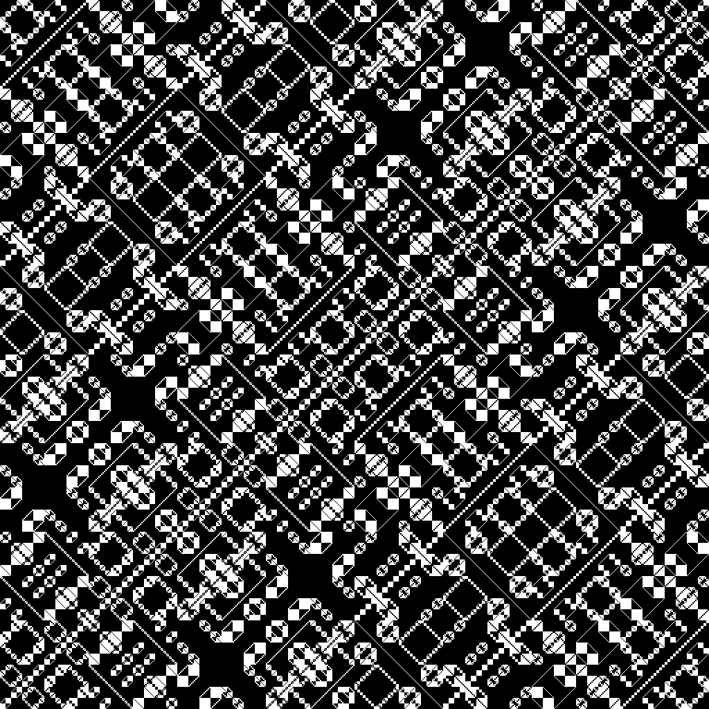 XorDev's tweet image. Double modulo makes some more interesting results @aemkei
#GLSL
o=vec4((int(FC)^int(FC.y))%99%45&lt;9);
