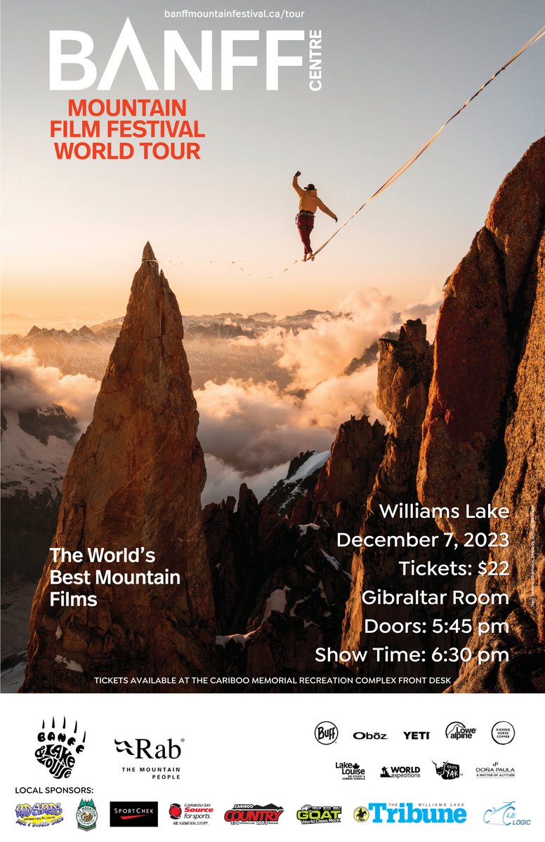 CMRCWL's tweet photo. Tickets are on sale now at the Cariboo Memorial Recreation Complex front desk for this year's Banff Mountain Film Festival happening December 7 in the Gibraltar Room.
For more information on the screening read the City of Williams Lake's media release at: https://t.co/RfGsJqKmEi https://t.co/JTvS9AnkwC